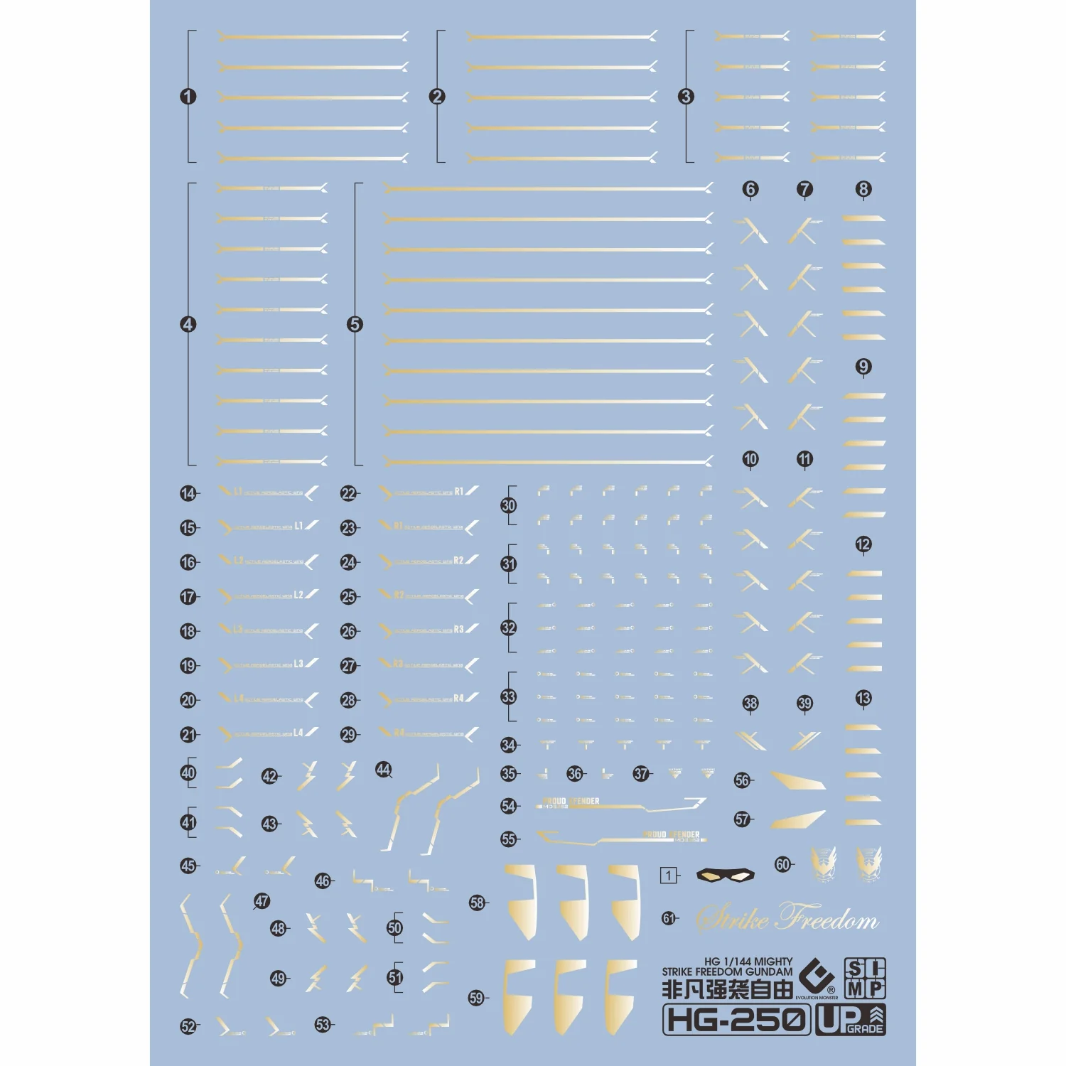 EVO Decal - HG 1/144 Mighty Strike Freedom Gundam - Fluorescent + Gold Foil - Image 3