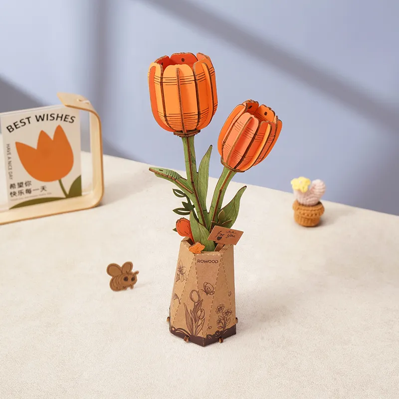 Rolife Rowood DIY Wooden Flower Orange Tulip 3D Wooden Puzzle TW081 - Image 2