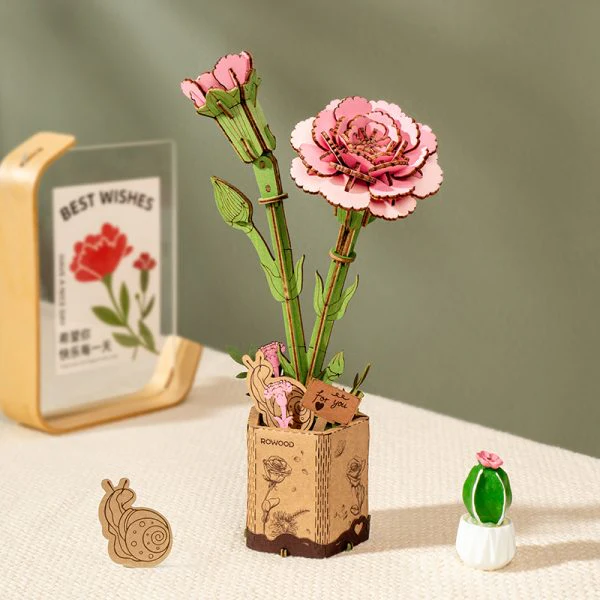 Rolife Rowood DIY Wooden Flower Pink Carnation 3D Wooden Puzzle TW051 - Image 2