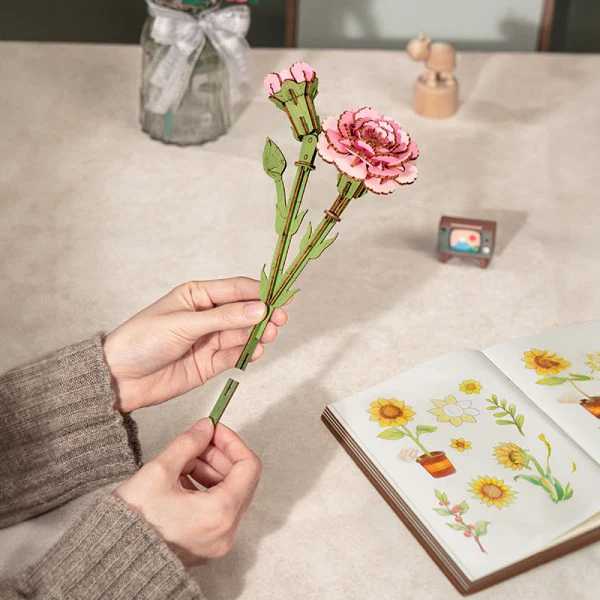 Rolife Rowood DIY Wooden Flower Pink Carnation 3D Wooden Puzzle TW051 - Image 3