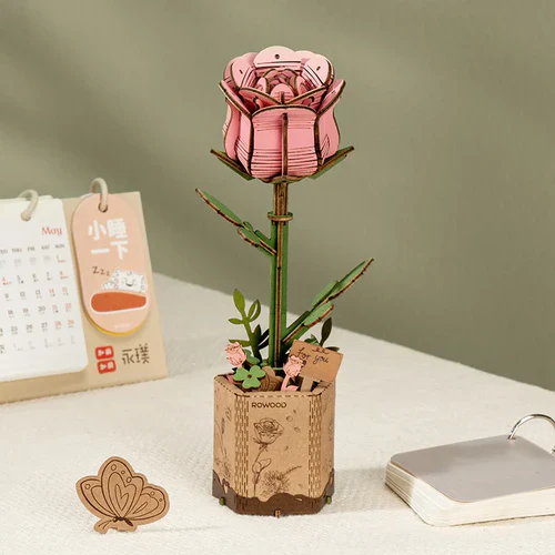 Rolife Rowood DIY Wooden Flower Pink Rose 3D Wooden Puzzle TW041 - Image 2