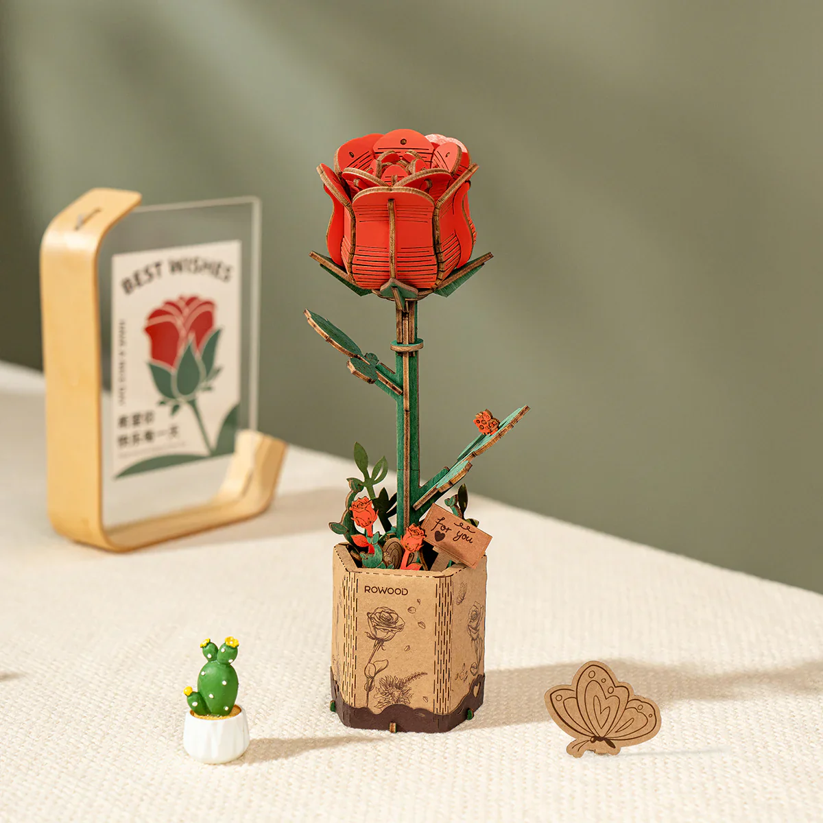 Rolife Rowood DIY Wooden Flower Red Rose 3D Wooden Puzzle TW042 - Image 2