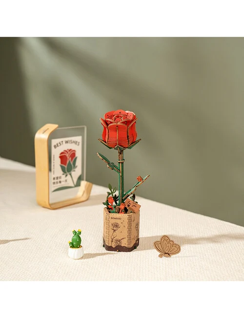 Rolife Rowood DIY Wooden Flower Red Rose 3D Wooden Puzzle TW042 - Image 4