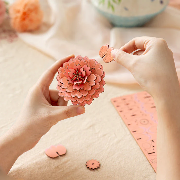 Rolife Rowood Pink Dahlia DIY Wooden Flower 3D Puzzle TW131 - Image 3