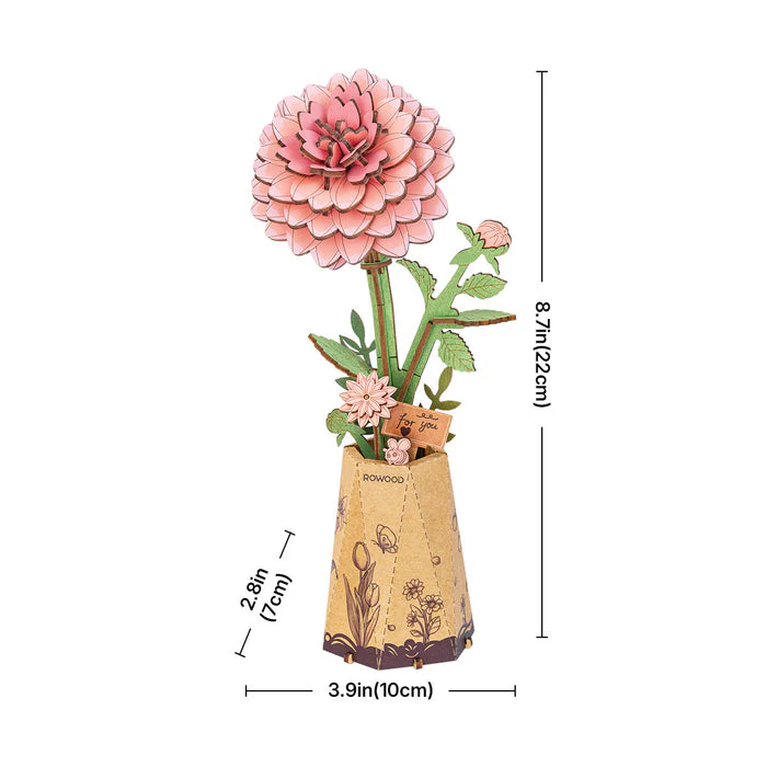 Rolife Rowood Pink Dahlia DIY Wooden Flower 3D Puzzle TW131 - Image 4