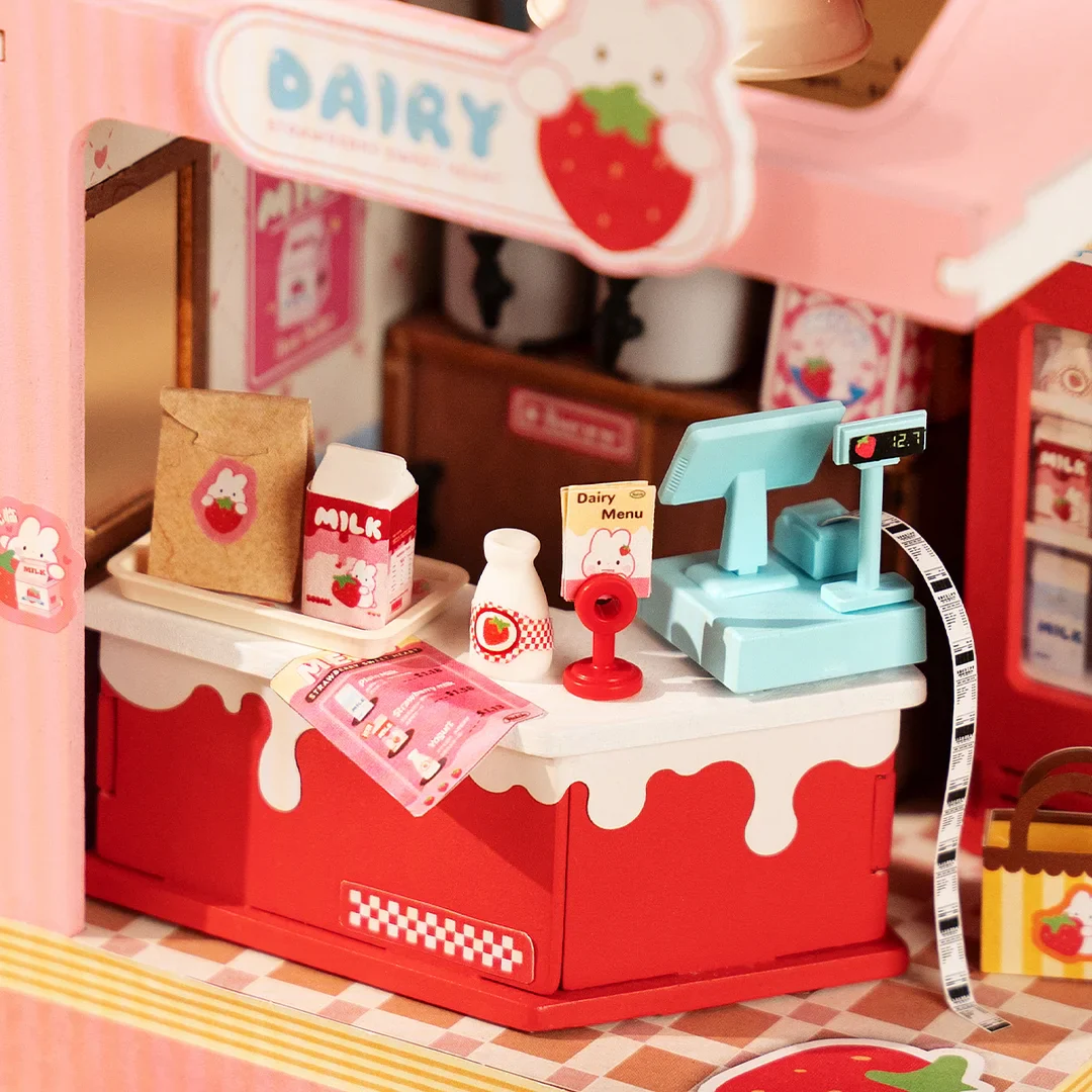 Rolife Strawberry Milk Food Box Shop DIY Miniature House Kit DS034 - Image 5